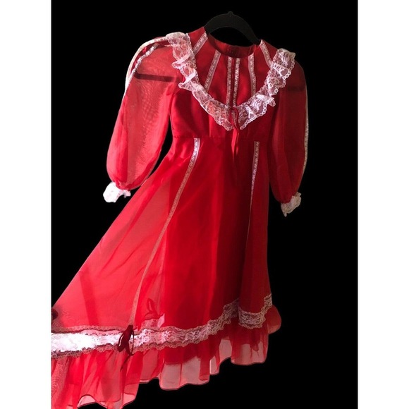 Vtg Fancy Frocks Party Christmas Dress Girls 4 Red Victorian Lace Ruffles Poofy - Picture 3 of 12